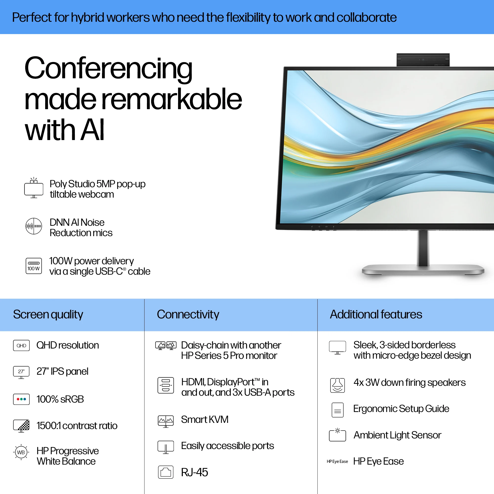 HP Series 5 Pro 27 inch QHD USB-C Conferencing Monitor - 527pm - Image 3