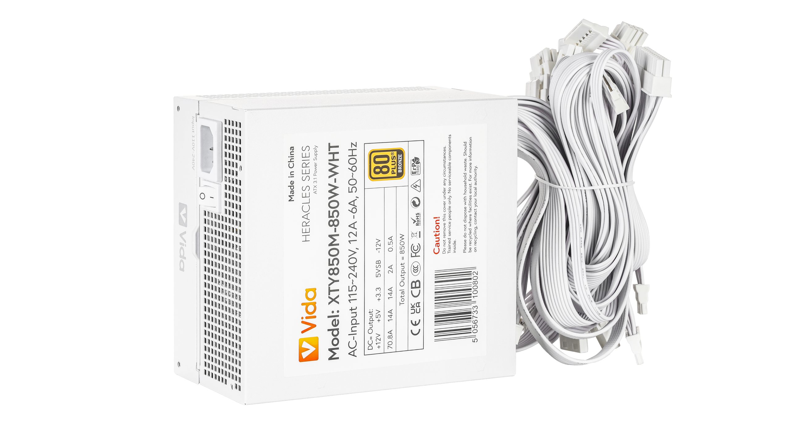 VIDA 850W Heracles White ATX 3.1 Gaming PSU, 80+ Bronze, 140mm Ultra-Quiet FDM Fan, Flat White Cables, PCIe 5.1, Power L - Image 3
