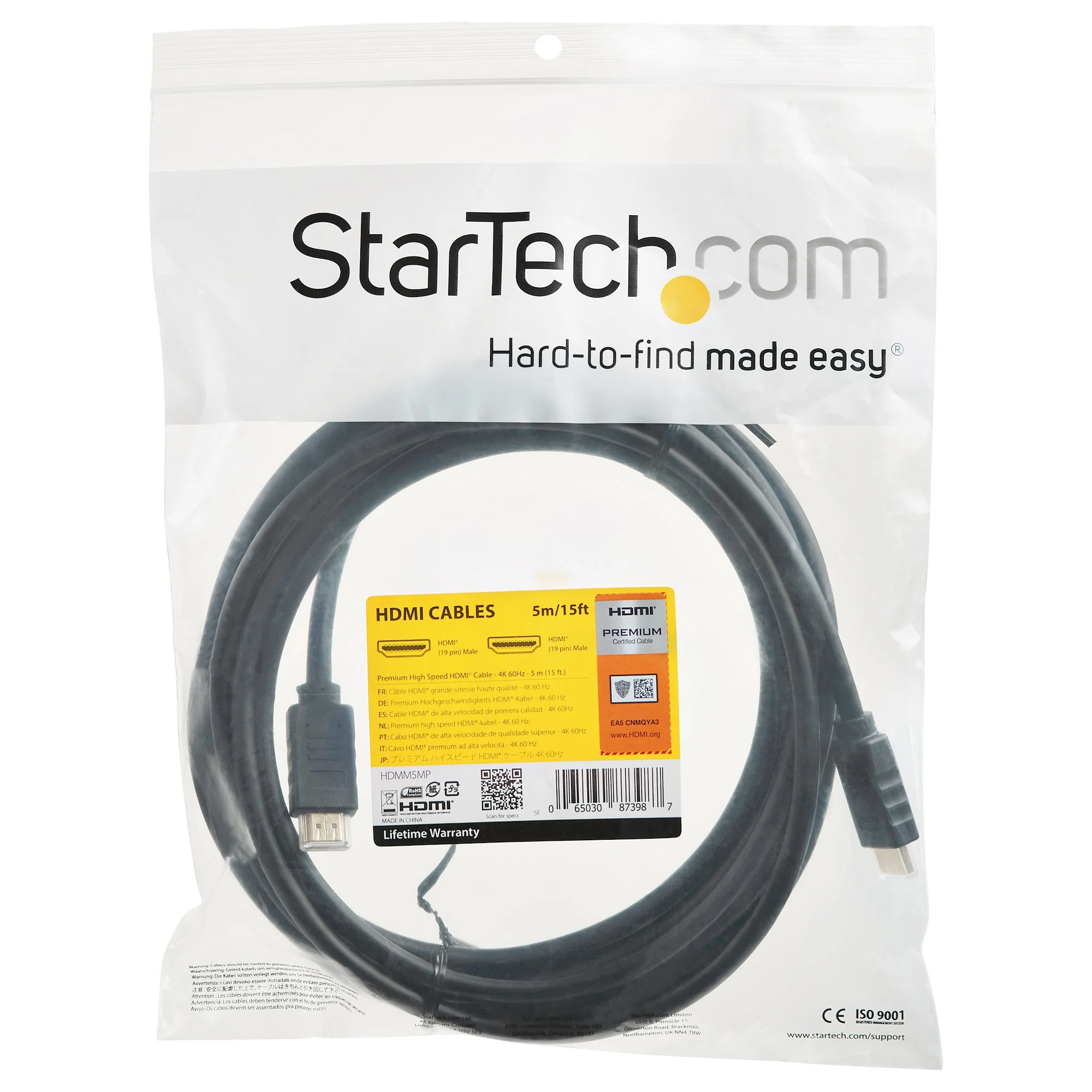 StarTech.com 15ft (5m) Premium Certified HDMI 2.0 Cable with Ethernet - High Speed Ultra HD 4K 60Hz HDMI Cable HDR10 - L - Image 3