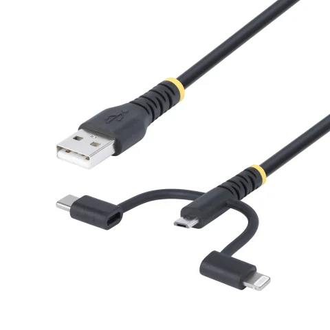 StarTech.com 3.3ft (1m) Rugged USB Multi Charging Cable, USB to Lightning/Micro-USB/Type-C, Apple MFi Certified, Aramid