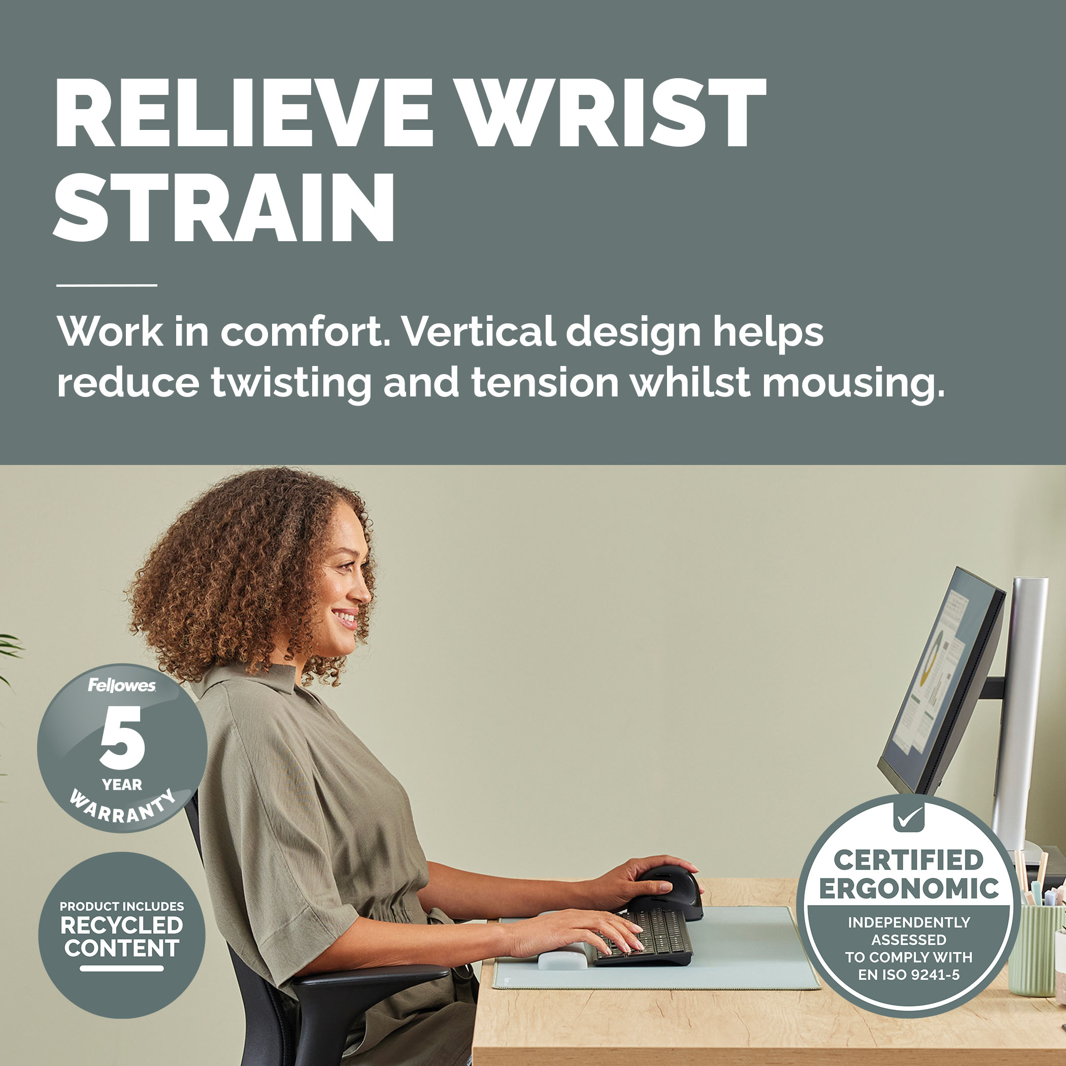 Fellowes Vertical Wireless Mouse Breyta Plus+ Ergonomic Left Handed Vertical Mouse with Antibacterial Protection Large - Image 2