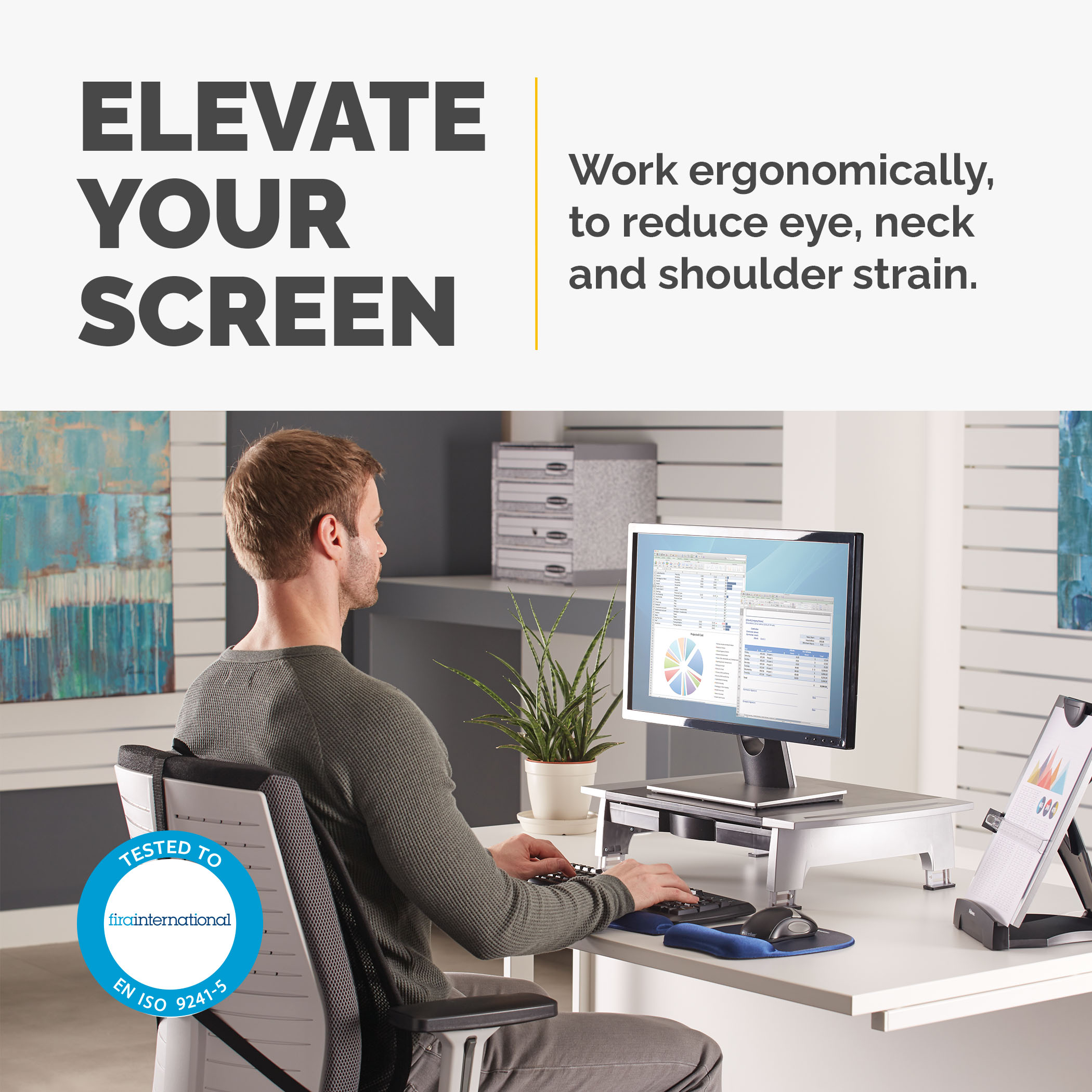 Fellowes Computer Monitor Stand with 5 Height Adjustments - Office Suites Monitor Riser with Storage Tray - Ergonomic Ad - Image 2