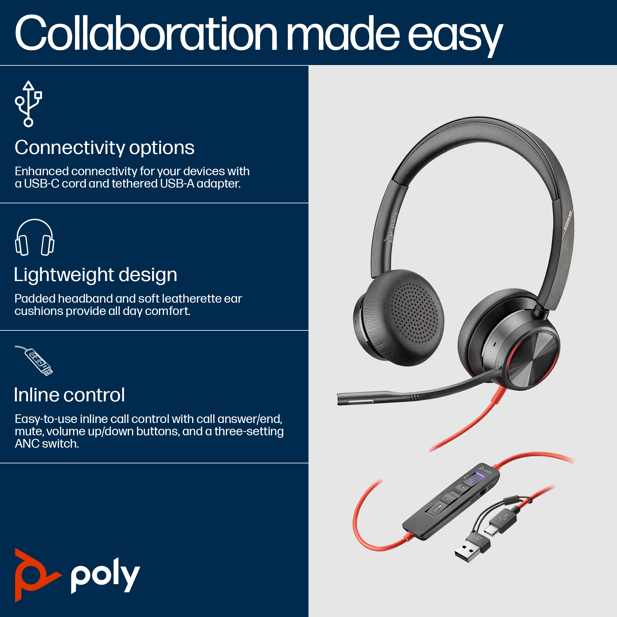 HP Poly Blackwire 8225 Stereo Microsoft Teams Certified USB-C Headset +USB-C/A Adapter - Image 3