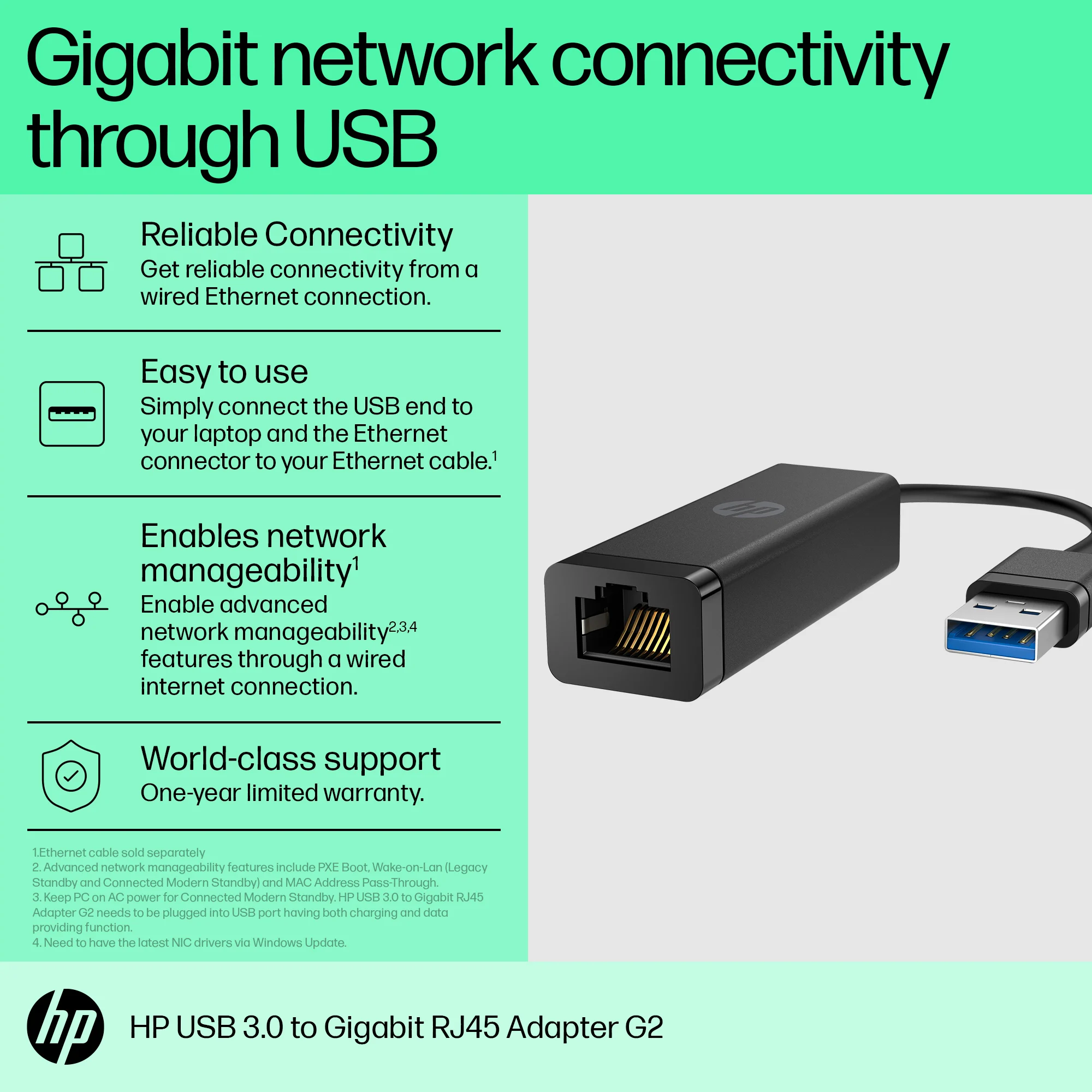 HP USB 3.0 to Gigabit RJ45 Adapter G2 - Image 3