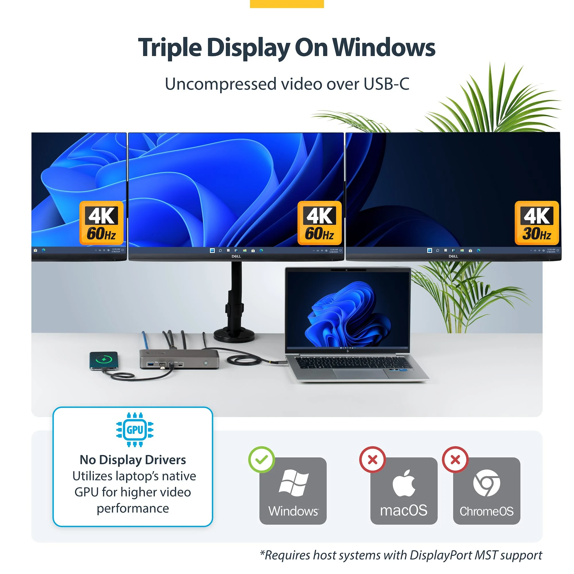 StarTech.com USB-C Docking Station Triple 4K Displays (2x 4K 60Hz, 1x 4K 30Hz), 100W Power Delivery, 6 USB Ports (10Gbps - Image 3