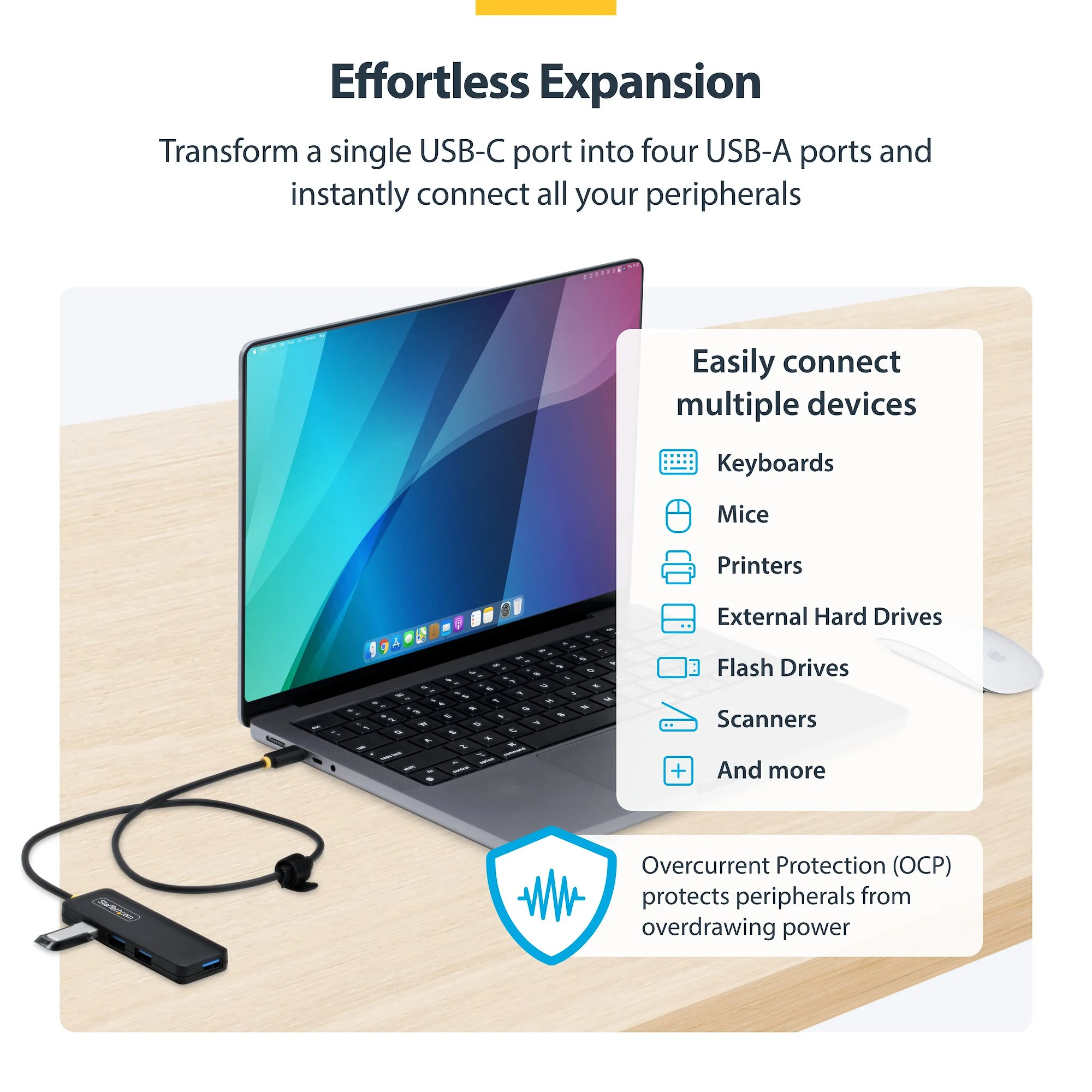 StarTech.com 4-Port USB-C Hub, 5Gbps, Bus Powered, USB-C to 4x USB-A Mini Hub, Extra Long 2ft/61cm Host Cable, PCR Plast - Image 2