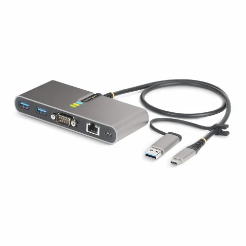StarTech.com 2-Port USB-C Hub with Ethernet and RS-232, Attached USB-C to USB-A Dongle, 100W PD Pass-Through, 2x USB-A 5
