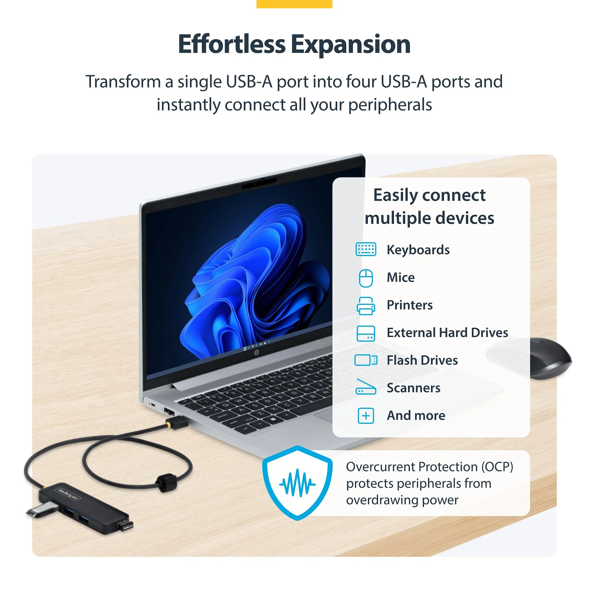 StarTech.com 4-Port USB-A Hub, 5Gbps, Bus Powered, USB-A to 4x USB-A Mini Hub, Extra Long 2ft/61cm Host Cable, PCR Plast - Image 2