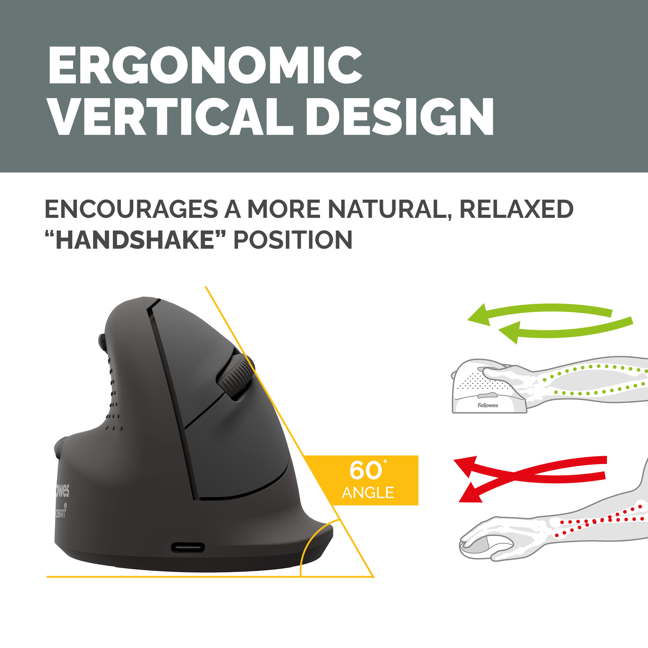 Fellowes Vertical Wireless Mouse Breyta Plus+ Ergonomic Left Handed Vertical Mouse with Antibacterial Protection Large - Image 3