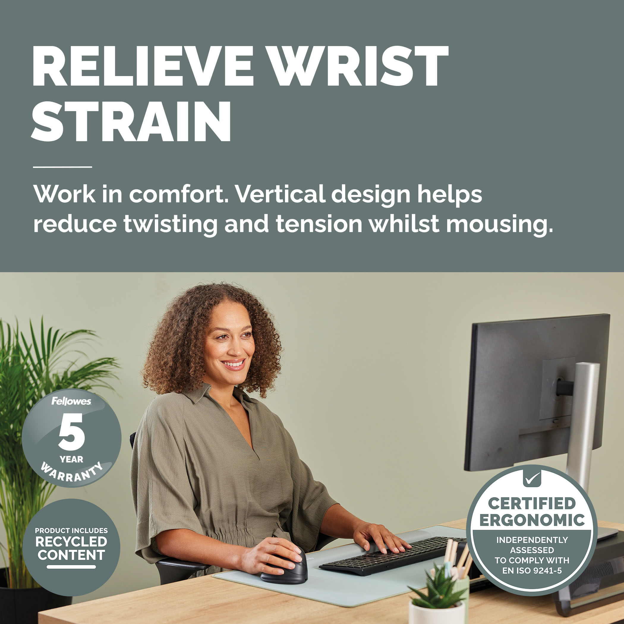 Fellowes Vertical Wireless Mouse Breyta Plus+ Ergonomic Right Handed Vertical Mouse with Antibacterial Protection Large - Image 2