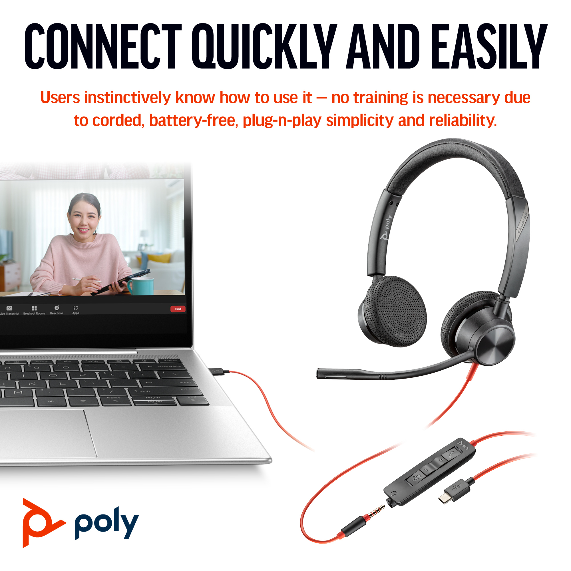 HP Poly Blackwire 3325 Stereo Microsoft Teams Certified USB-C Headset +3.5mm Plug +USB-C/A Adapter - Image 3