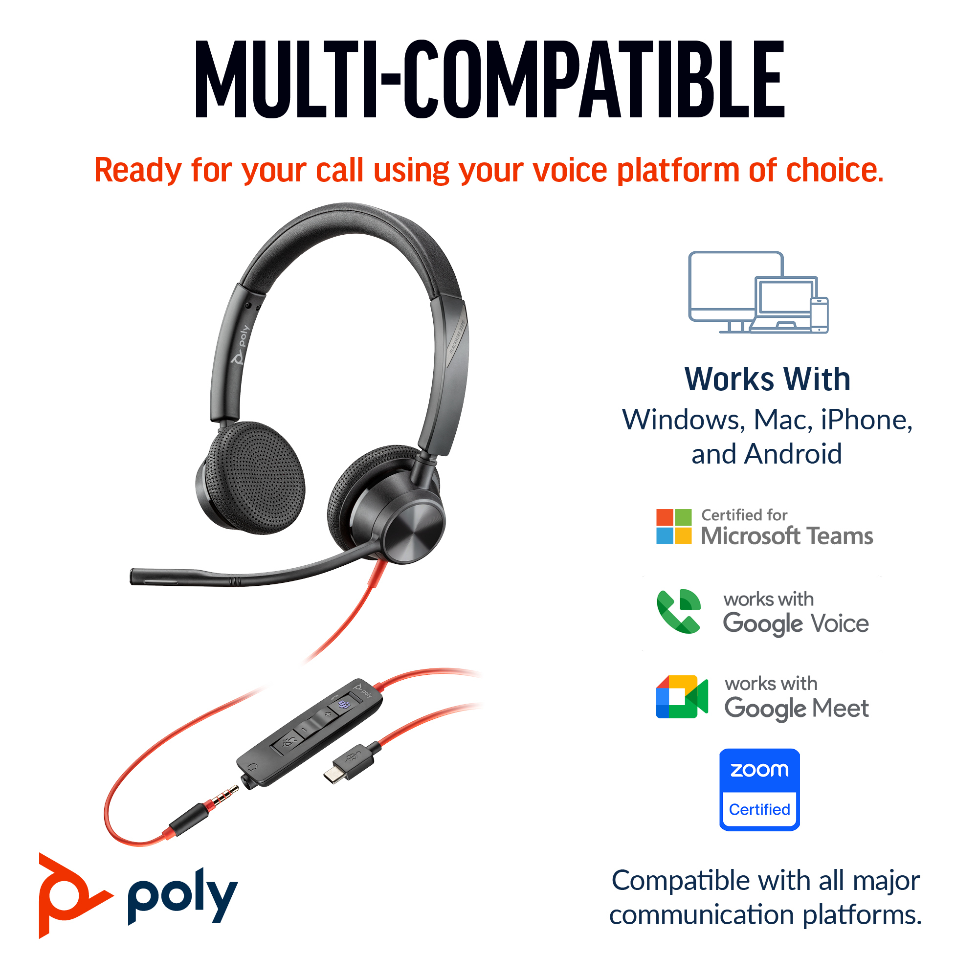 HP Poly Blackwire 3325 Stereo Microsoft Teams Certified USB-C Headset +3.5mm Plug +USB-C/A Adapter - Image 2