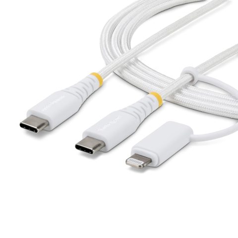 StarTech.com 1m (3ft) 2-in-1 Rugged USB-C Charging Cable with Lightning Adapter, 30W/60W (3A), Apple MFi Certified, Brai