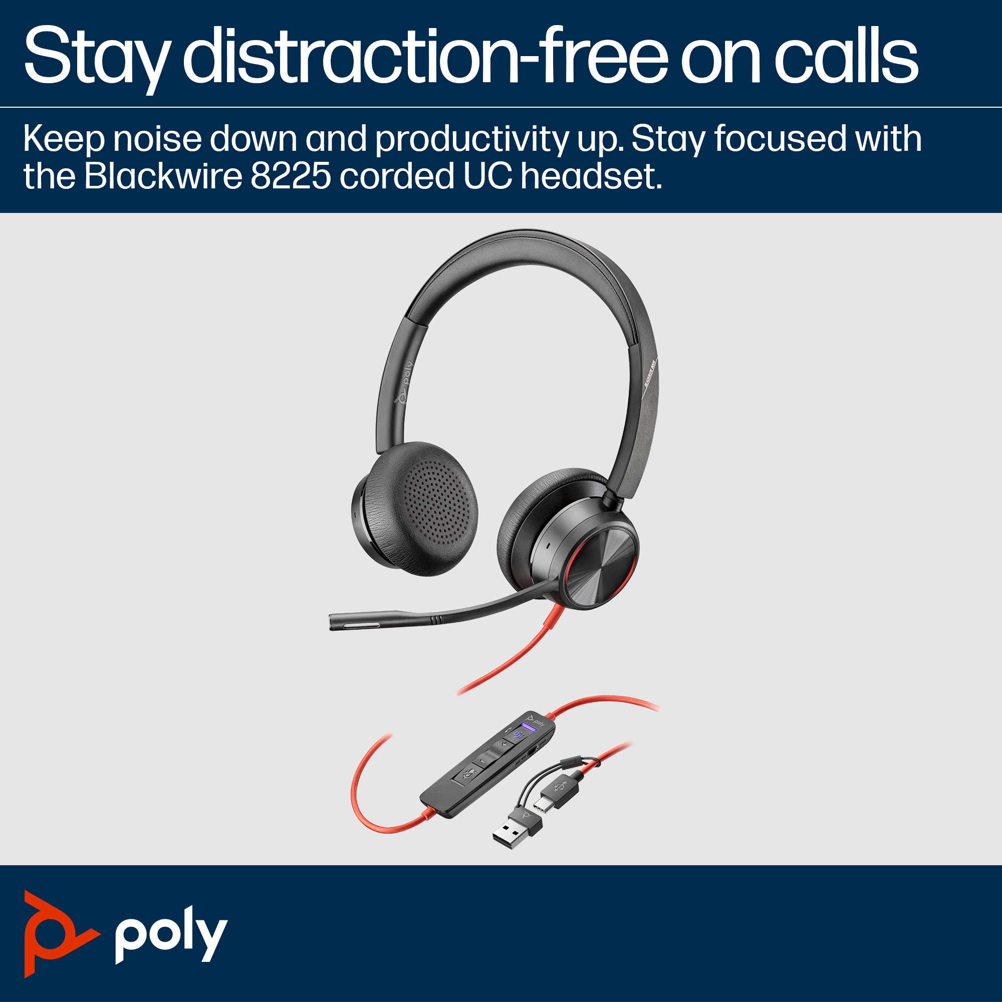 HP Poly Blackwire 8225 Stereo Microsoft Teams Certified USB-C Headset +USB-C/A Adapter - Image 2