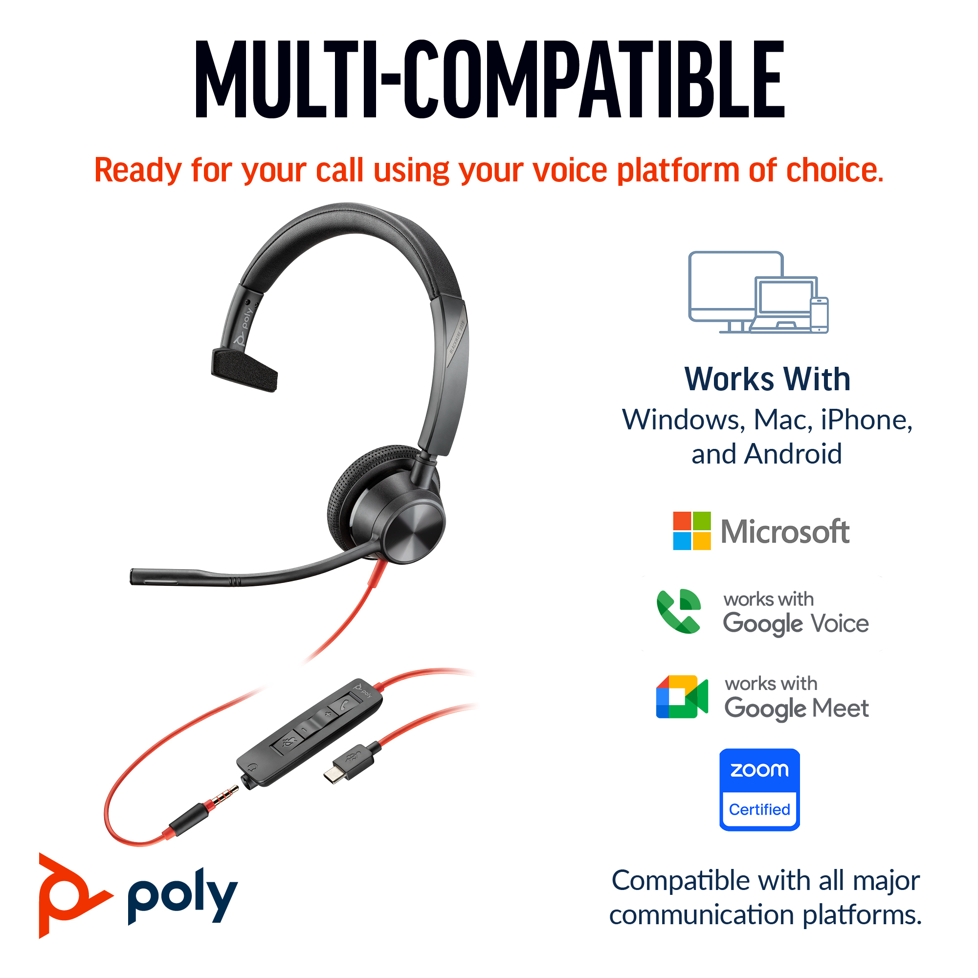 HP Poly Blackwire 3315 Monaural USB-C Headset +3.5mm Plug +USB-C/A Adapter - Image 2