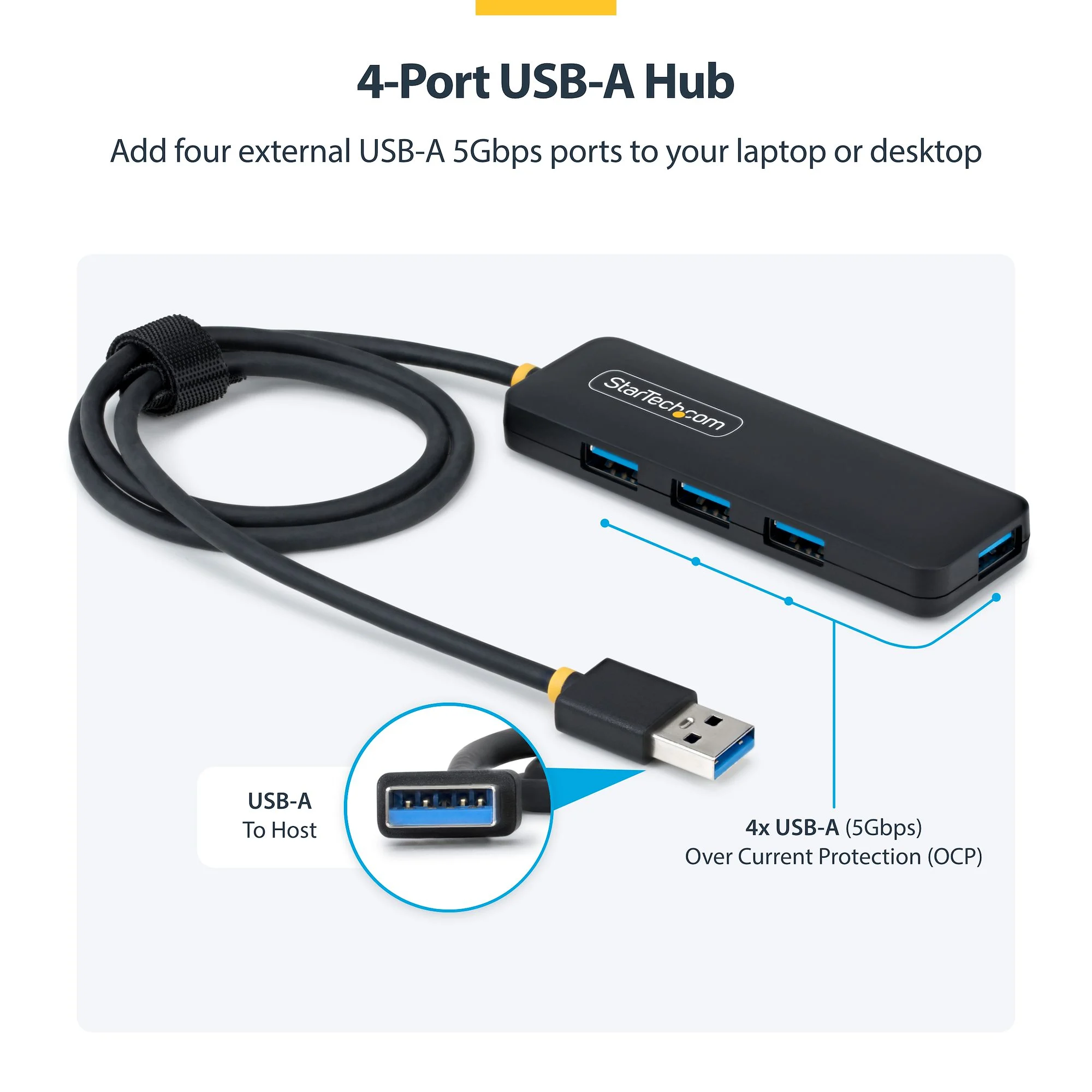 StarTech.com 4-Port USB-A Hub, 5Gbps, Bus Powered, USB-A to 4x USB-A Mini Hub, Extra Long 2ft/61cm Host Cable, PCR Plast - Image 3