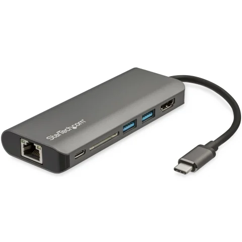 StarTech.com USB C Multiport Adapter - USB-C Travel Dock to 4K HDMI, 3x USB 3.0 Hub, SD/SDHC, GbE, 100W PD 3.0 Pass-Thro