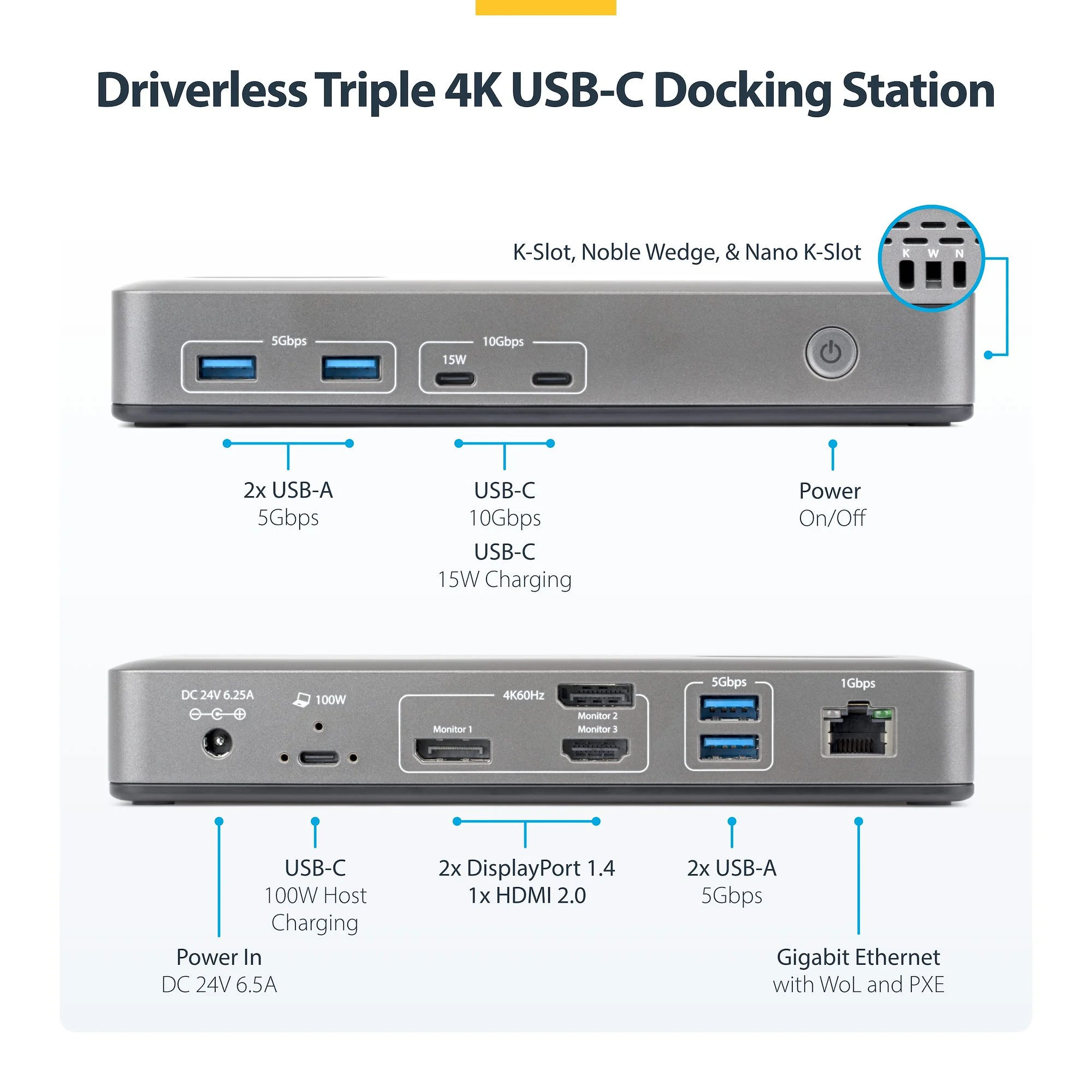 StarTech.com USB-C Docking Station Triple 4K Displays (2x 4K 60Hz, 1x 4K 30Hz), 100W Power Delivery, 6 USB Ports (10Gbps - Image 2